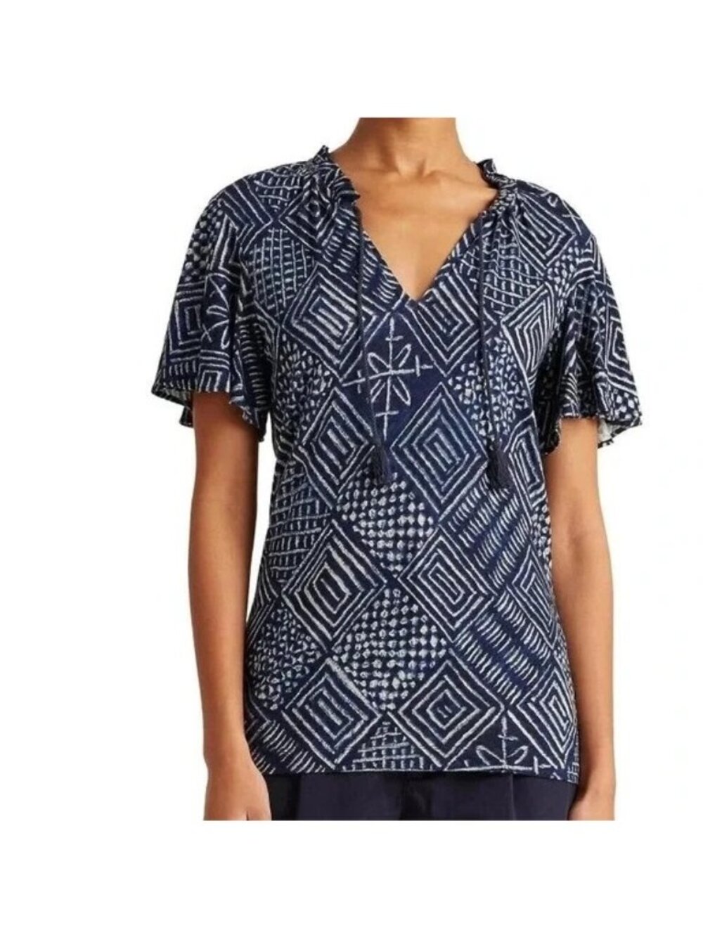 Ralph Lauren Womens Blue Tribal  Linen-Blend Flutter Sleeve Blouse size large